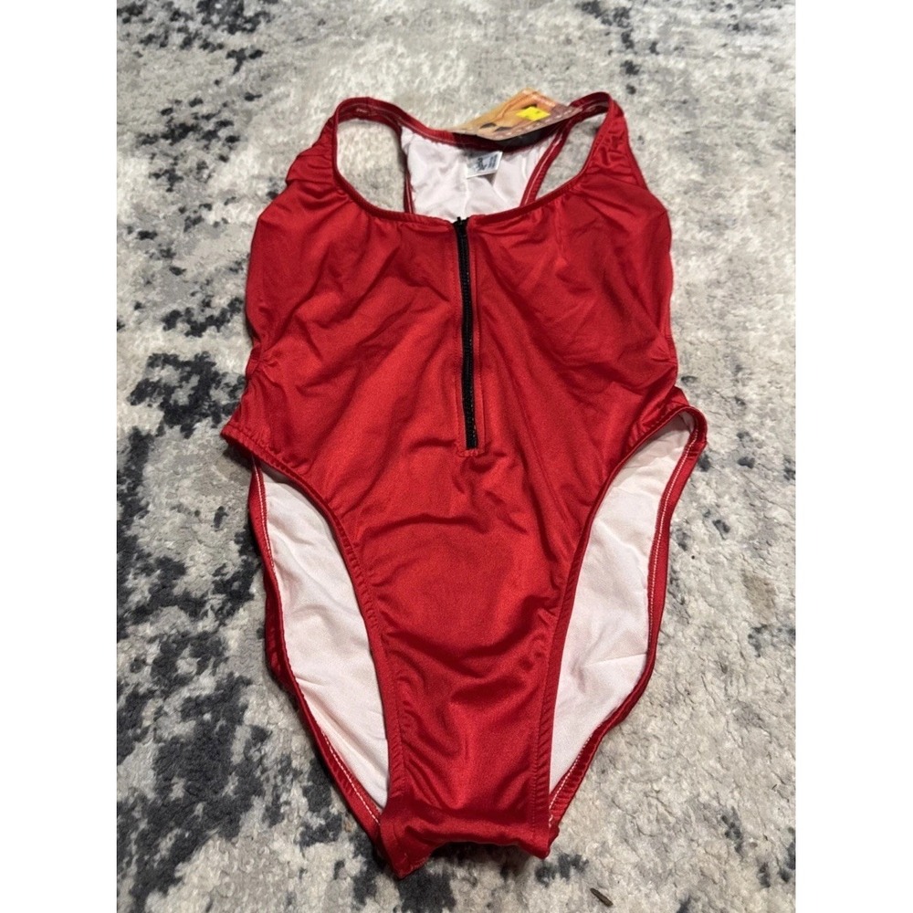 VTG 80s UJENA Swimwear One-Piece Red Zip Up High Cut Swimsuit Women's Sz 16 New